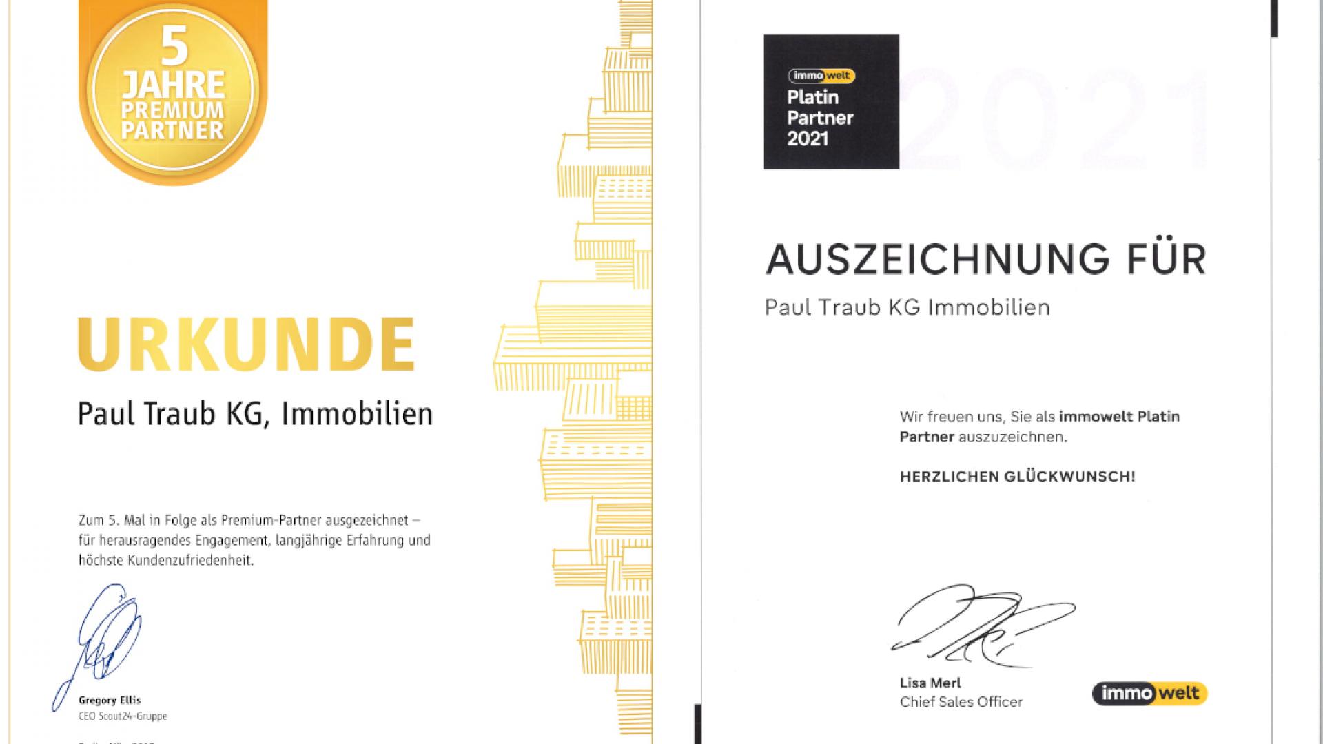 Collage zweier Auszeichnungen, die uns in den letzten Jahren verliehen wurden. Zum einen als Premium-Partner von Immowelt und außerdem zum 5. Mal in Folge als Premium-Partner von Immobilienscout24.de